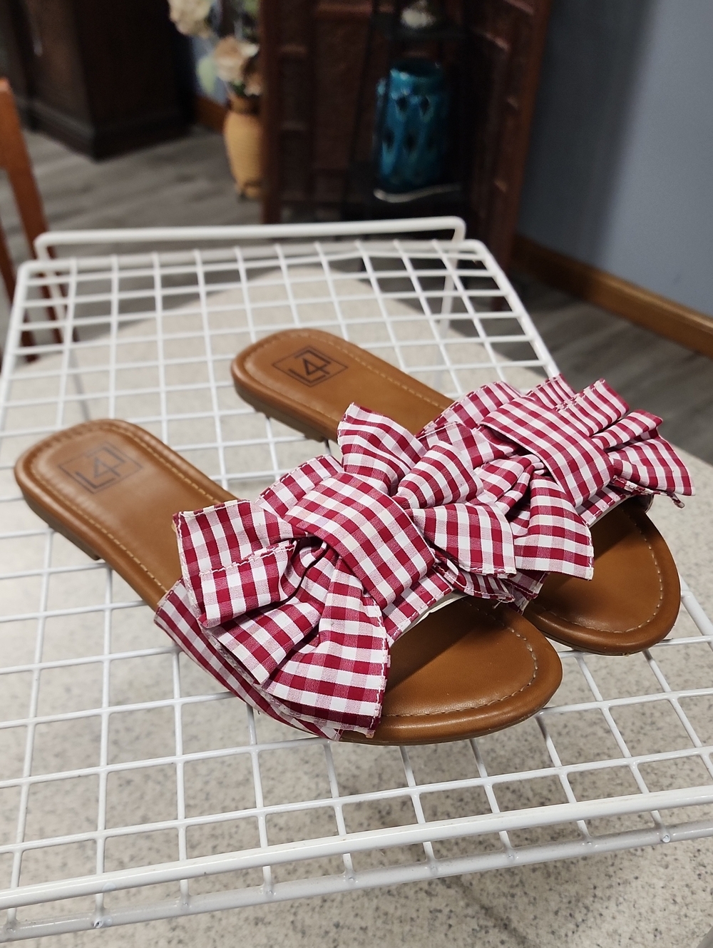 Women’s Red Gingham Ruffle Slide Sandals